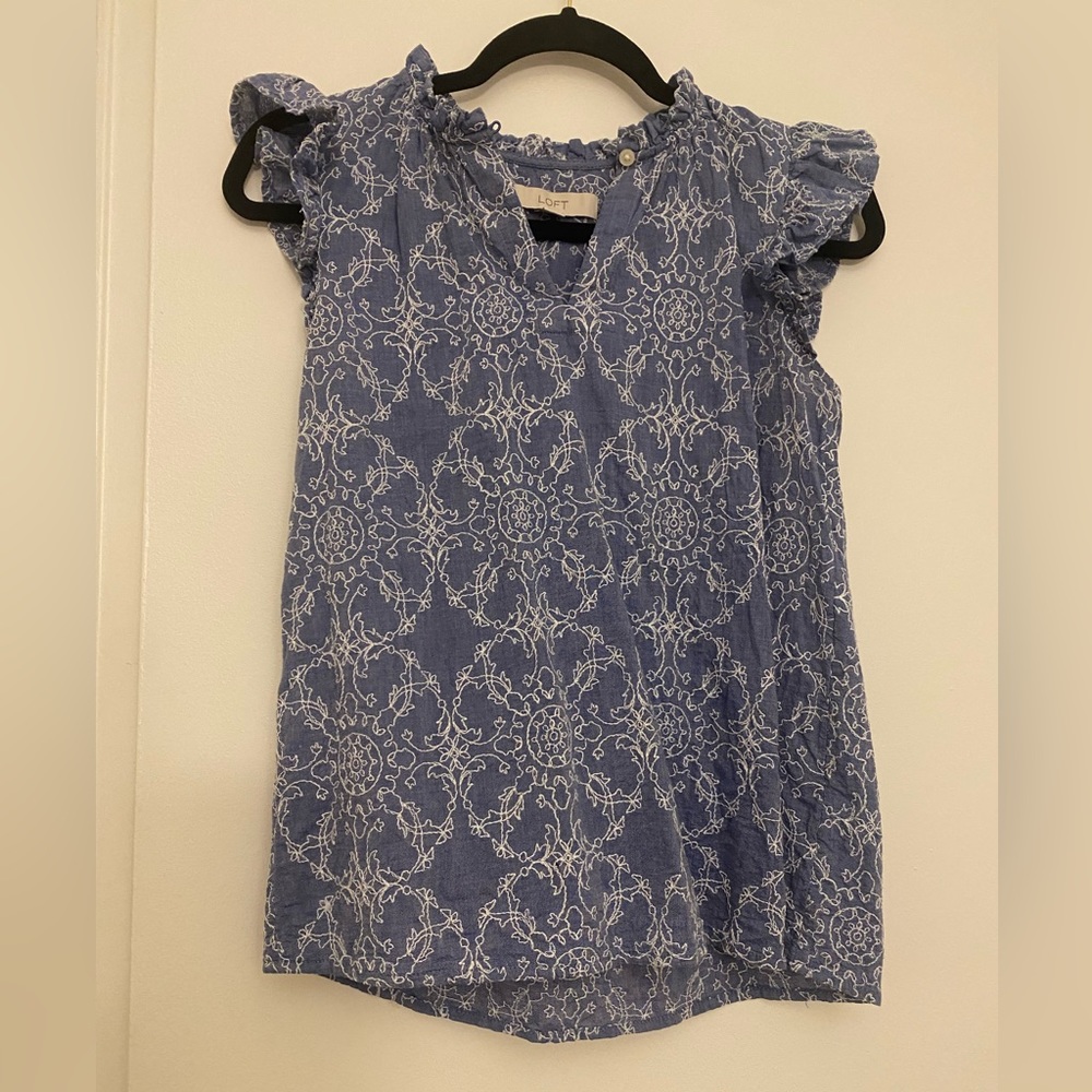 Blue and white embroidered top